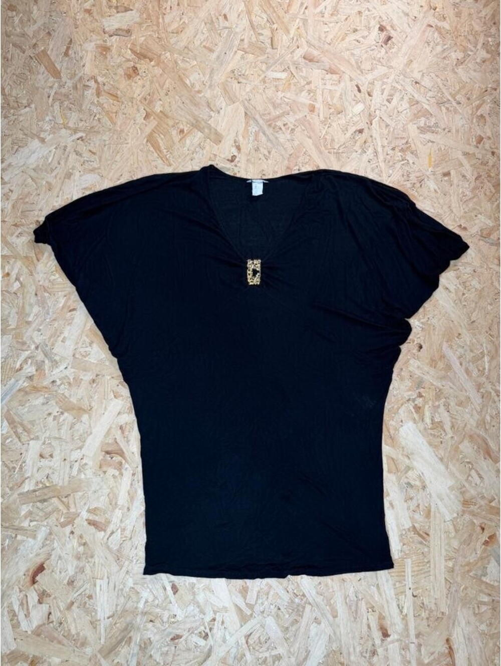 Trina Turk Womens Large Black Dolman Sleeve Blouse Gold Hardware V-Neck Top